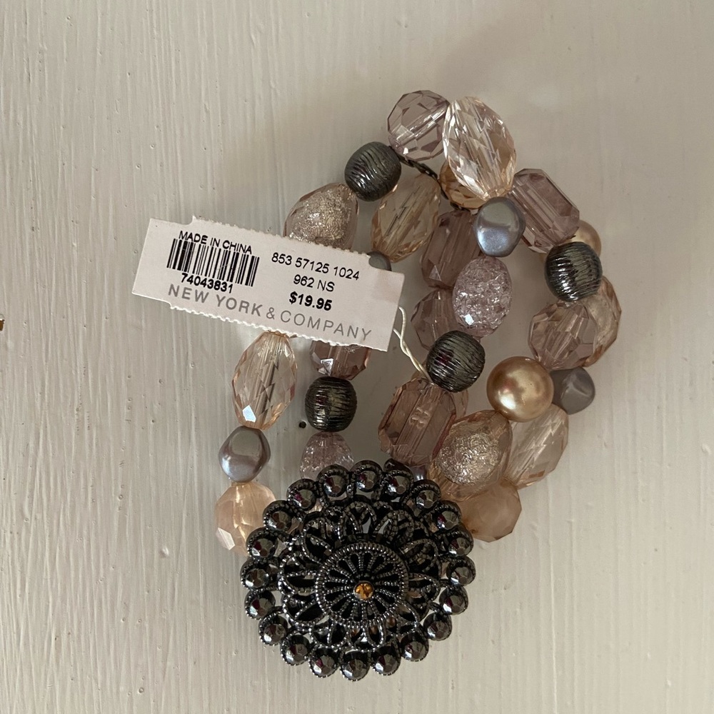 New York & Co. Pink, Slate and Gold Bracelet with Medallion.